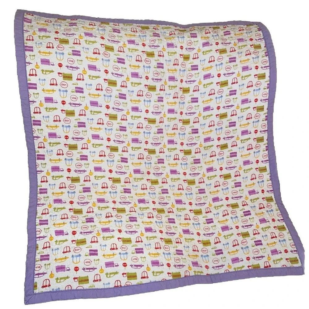 Handmade Baby Quilt Blanket Trucks Cars Cotton Purple Toddler Unique 43 X 38